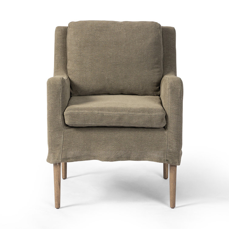 Olive Upholstered Linen Arm Chair with Wooden Legs