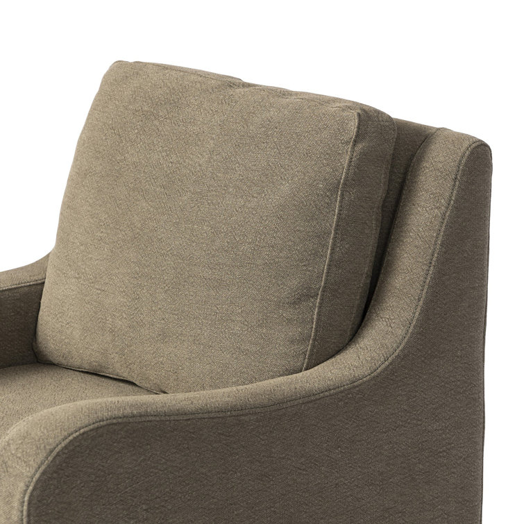Olive Upholstered Linen Arm Chair with Wooden Legs