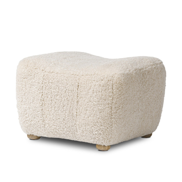 Beige Shearling Curved Modern Ottoman with Bun Feet