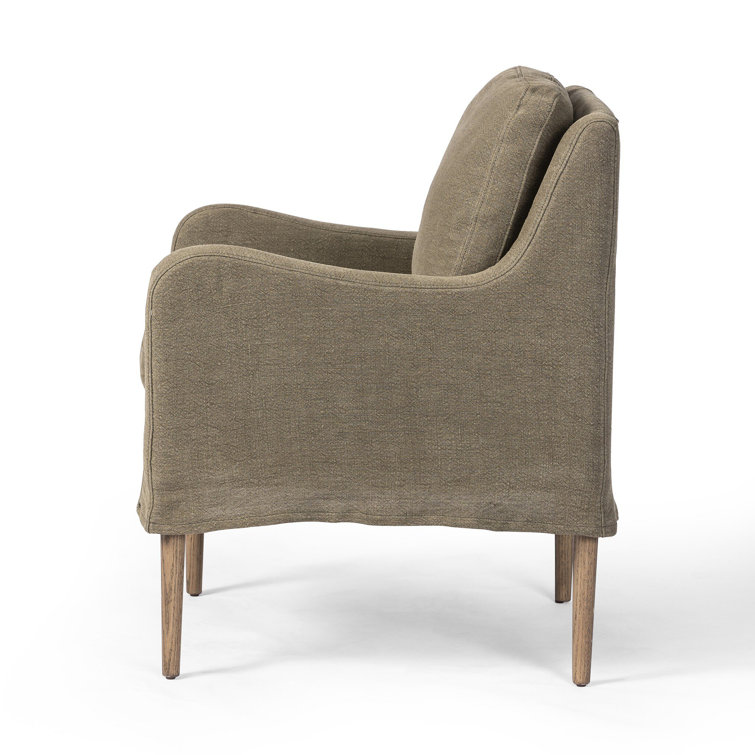 Olive Upholstered Linen Arm Chair with Wooden Legs