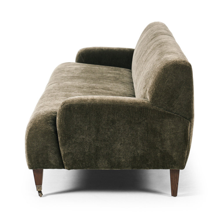 Olive Velvet Round Arm Sofa with Brass Casters