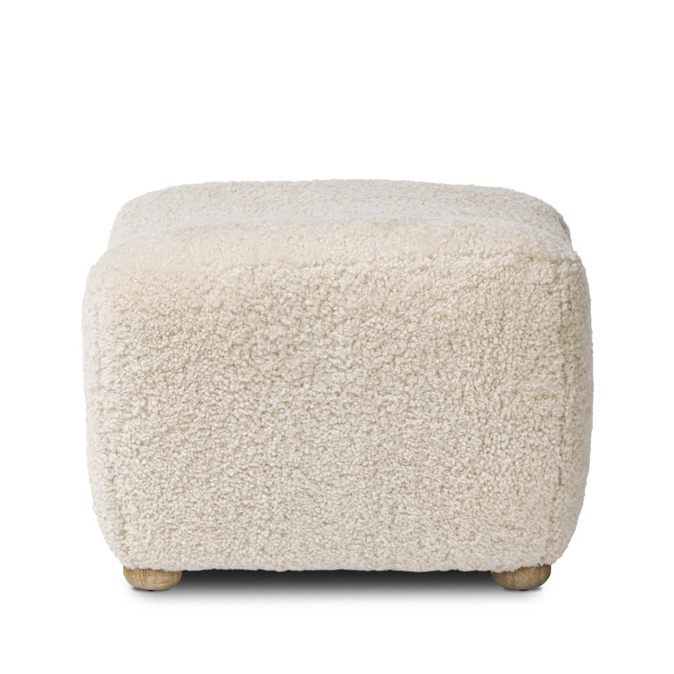 Beige Shearling Curved Modern Ottoman with Bun Feet