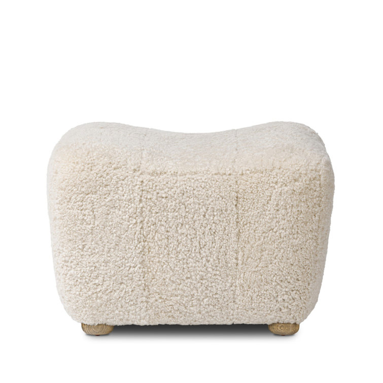 Beige Shearling Curved Modern Ottoman with Bun Feet