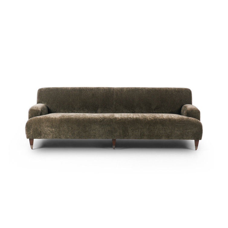 Olive Velvet Round Arm Sofa with Brass Casters