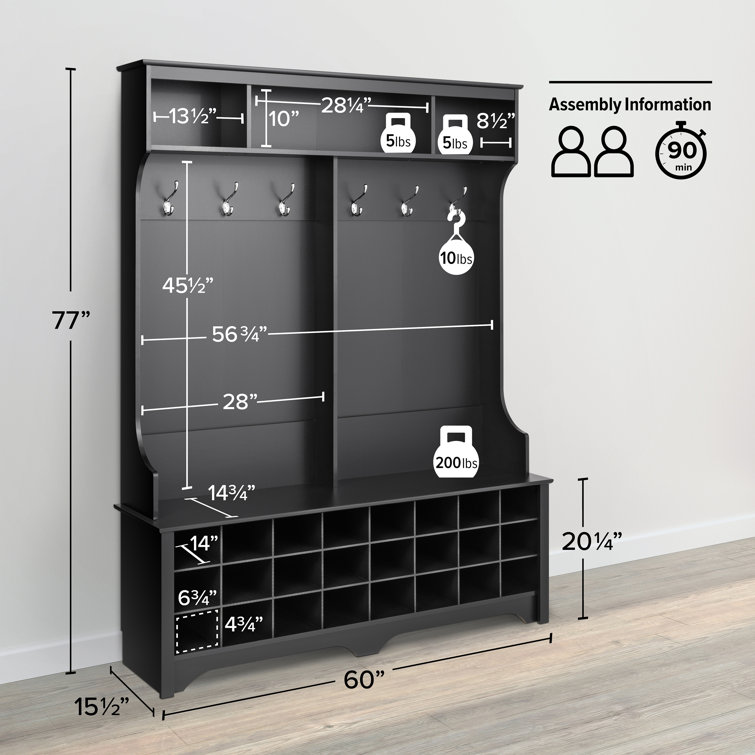 Black Wood Hall Tree with Bench and 24 Shoe Cubbies
