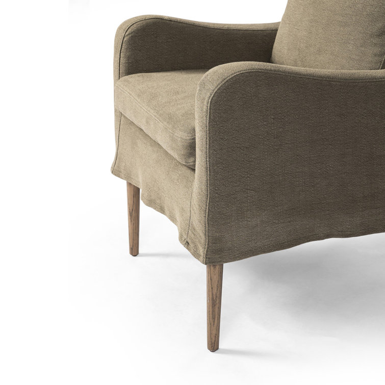 Olive Upholstered Linen Arm Chair with Wooden Legs