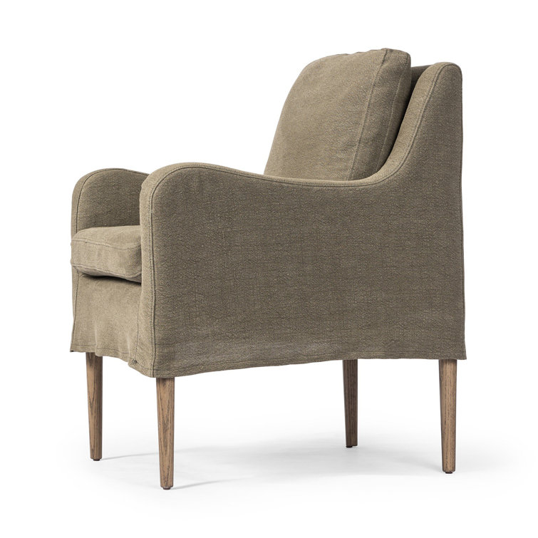 Olive Upholstered Linen Arm Chair with Wooden Legs