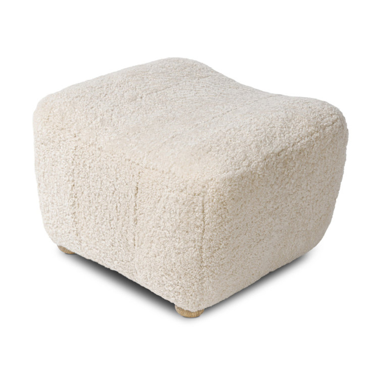 Beige Shearling Curved Modern Ottoman with Bun Feet