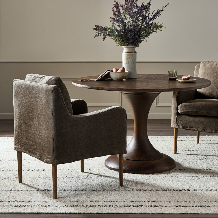 Coffee Linen Upholstered Arm Chair with Wood Legs