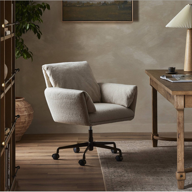 Sand Linen Upholstered Modern Desk Chair with Rolling Base