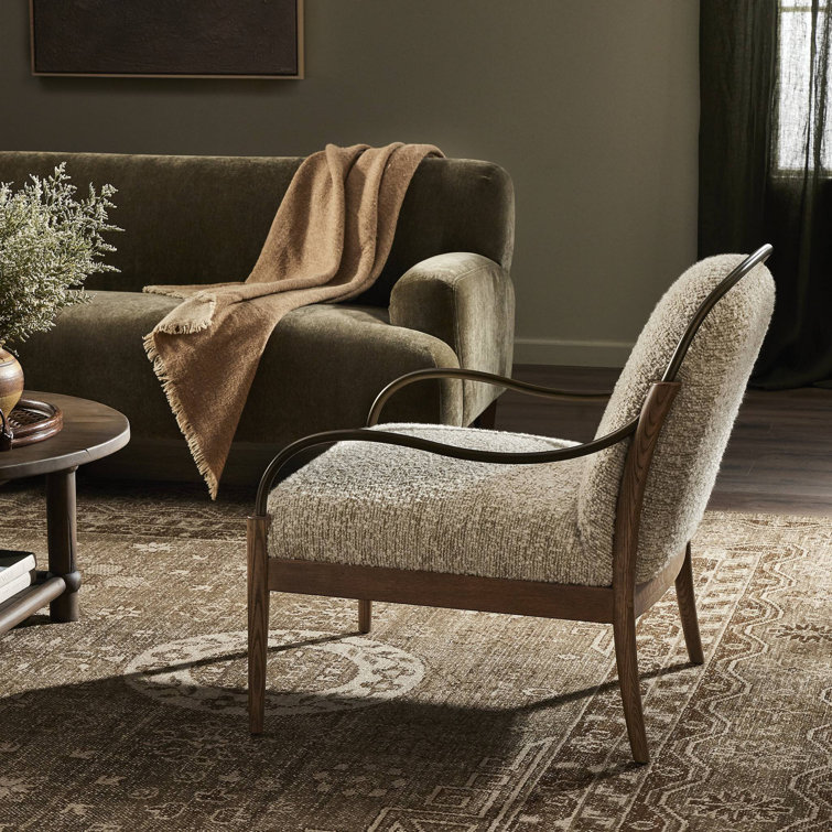 Stone and Brown Wood Accent Chair with Brass Frame