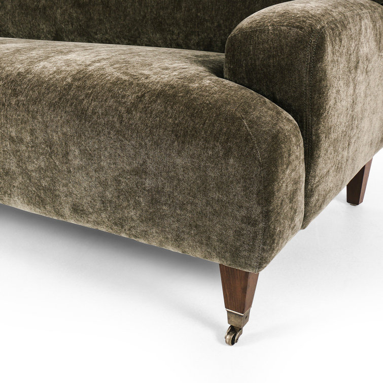 Olive Velvet Round Arm Sofa with Brass Casters