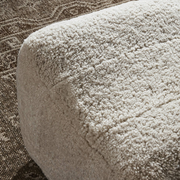 Beige Shearling Curved Modern Ottoman with Bun Feet