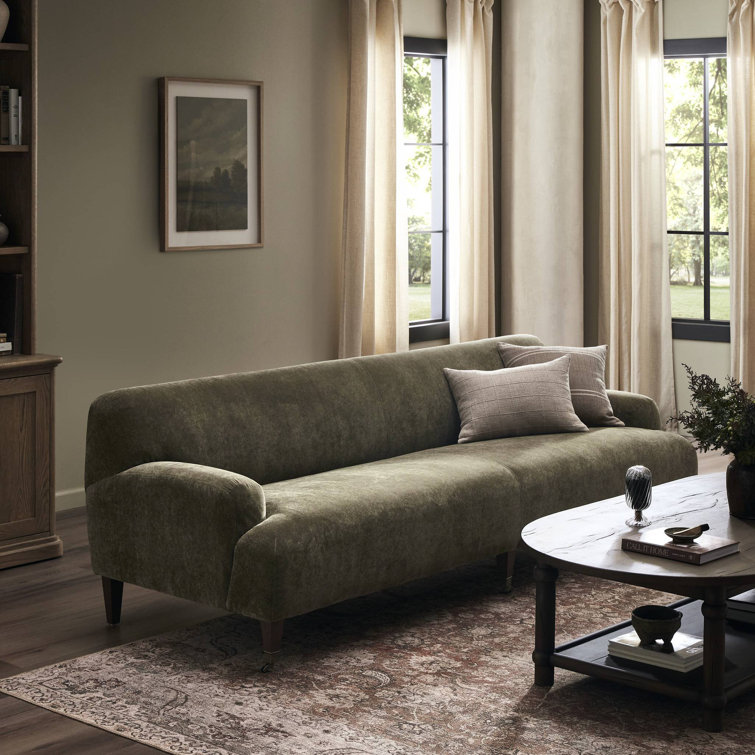 Olive Velvet Round Arm Sofa with Brass Casters