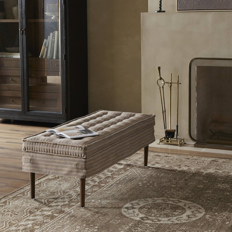 Cole 52" Bark Linen Tufted Accent Bench with Oak Legs