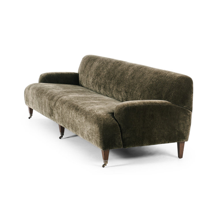 Olive Velvet Round Arm Sofa with Brass Casters