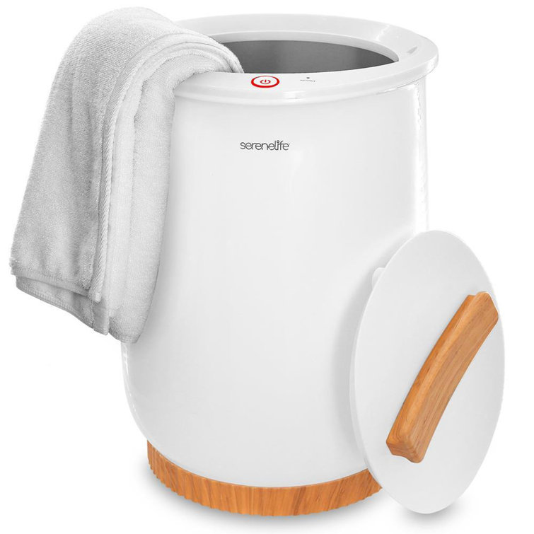 SereneLife White and Bamboo Electric Bucket Towel Warmer