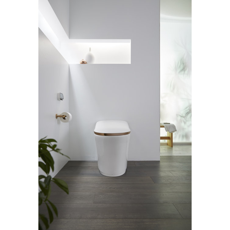 White and Rose Gold Trim Elongated Dual Flush Toilet