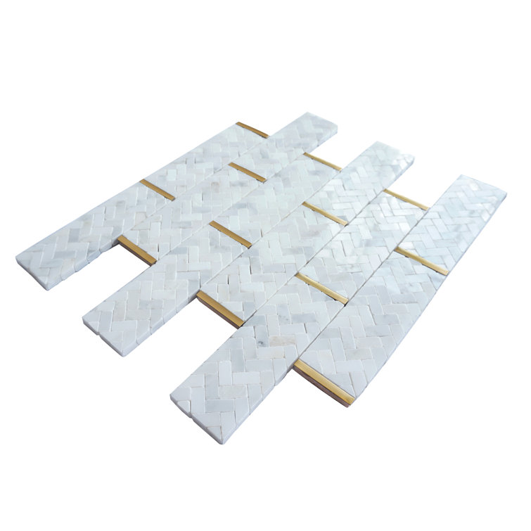 White and Gold Polished Marble Brick Joint Mosaic Tile