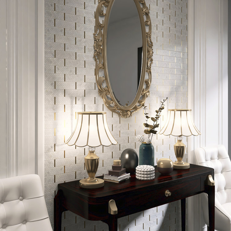 White and Gold Polished Marble Brick Joint Mosaic Tile
