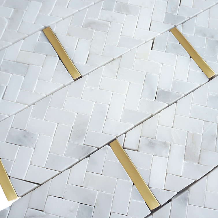 White and Gold Polished Marble Brick Joint Mosaic Tile