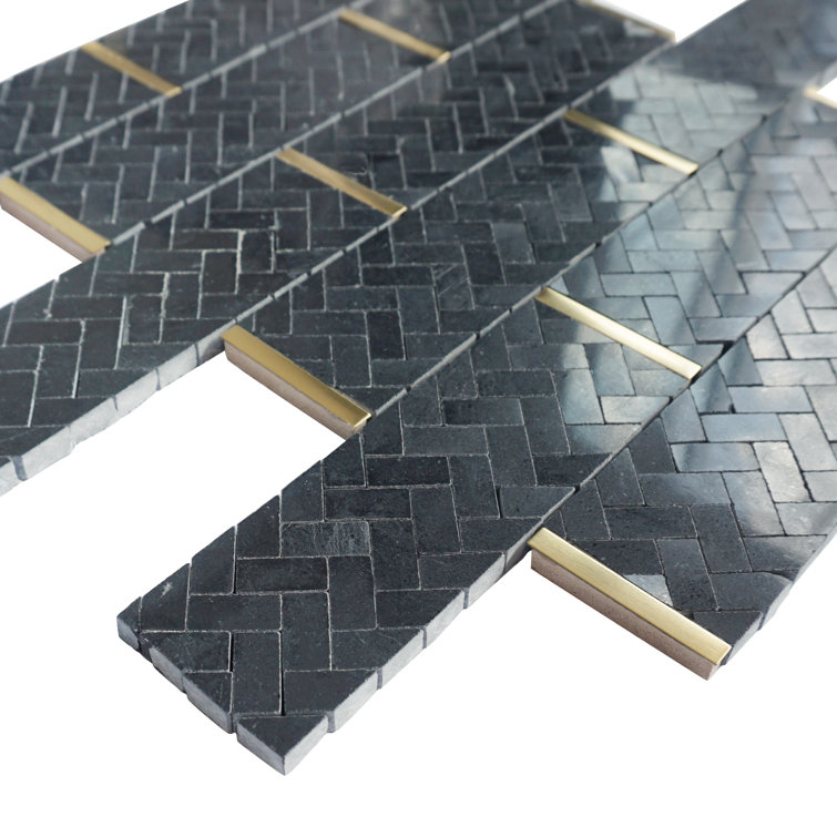 Black and Gold Polished Marble Brick Joint Mosaic Tile