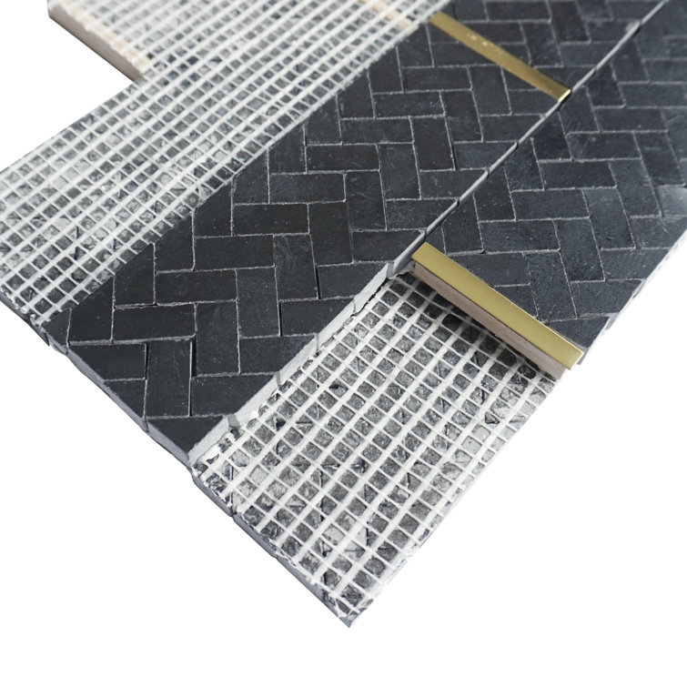 Black and Gold Polished Marble Brick Joint Mosaic Tile