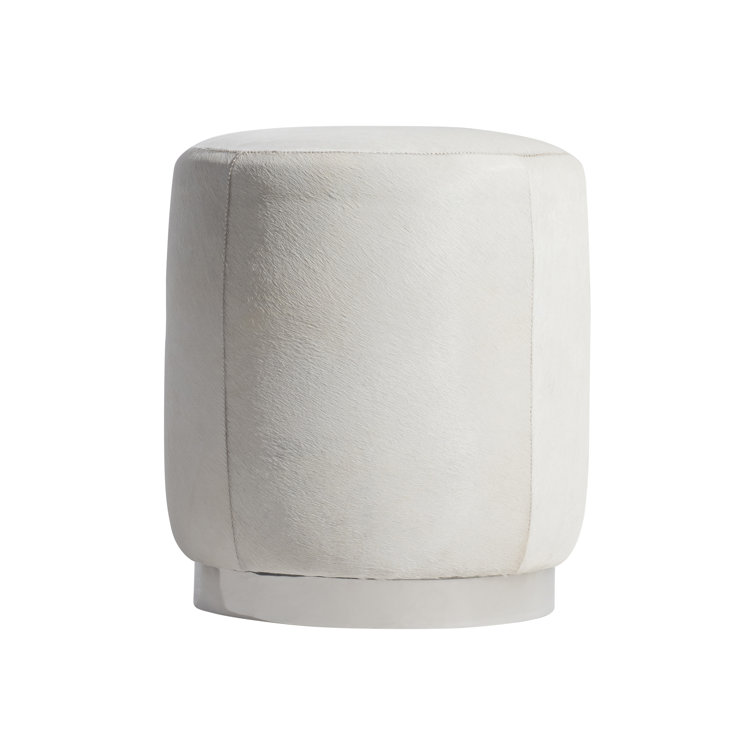 Cream Round Hair-on-Hide Ottoman with Stainless Steel Base