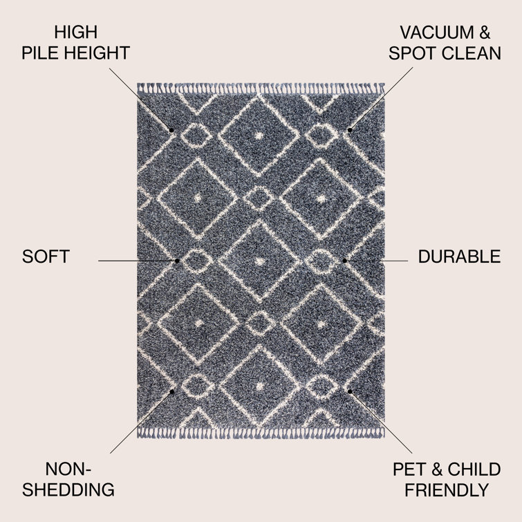 Denim Blue Geometric Shag Area Rug with Tassels