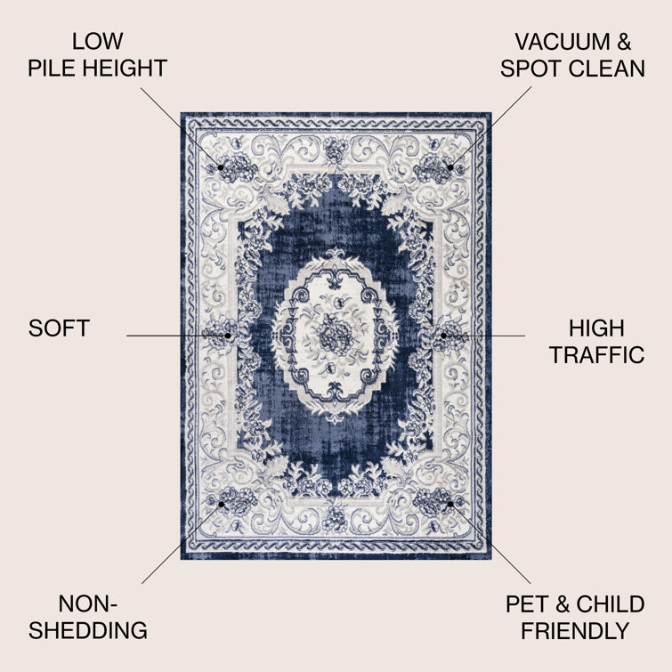 Ivory and Navy Rectangular Synthetic Medallion Rug 36'' x 60''