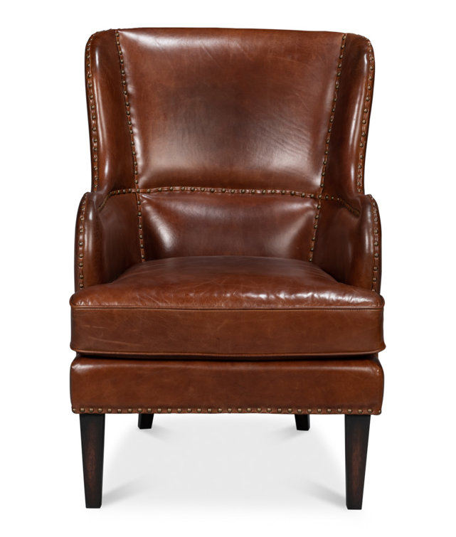 Brown Leather Wingback Chair with Solid Wood Frame