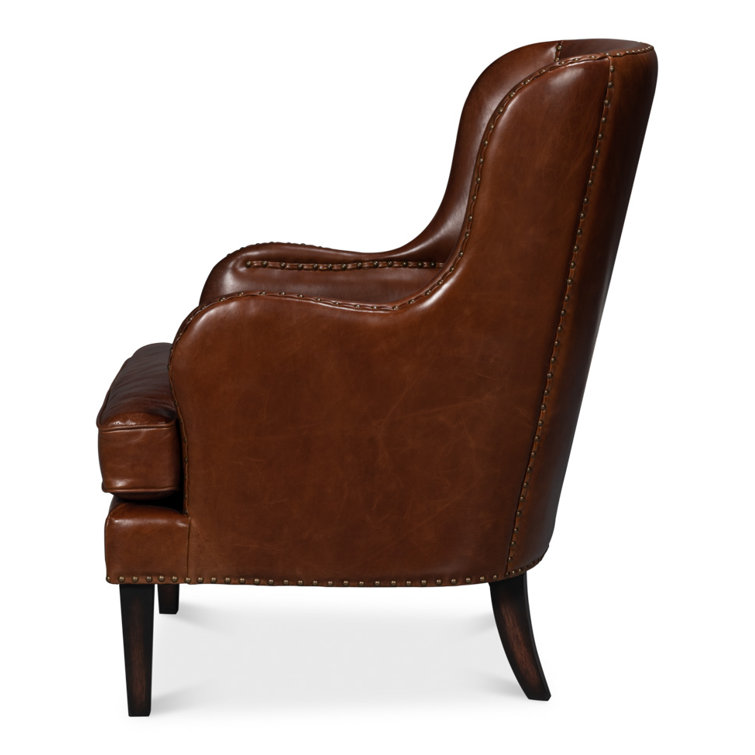 Brown Leather Wingback Chair with Solid Wood Frame