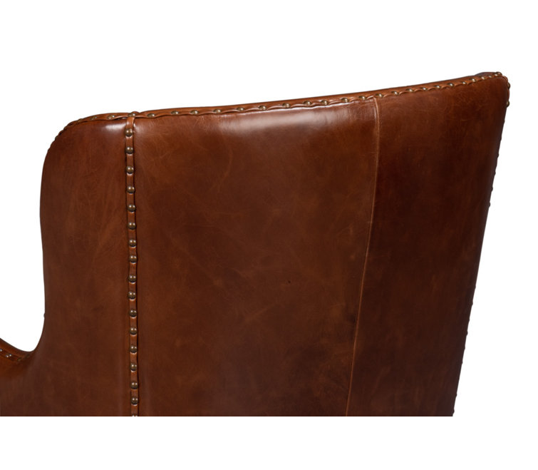 Brown Leather Wingback Chair with Solid Wood Frame