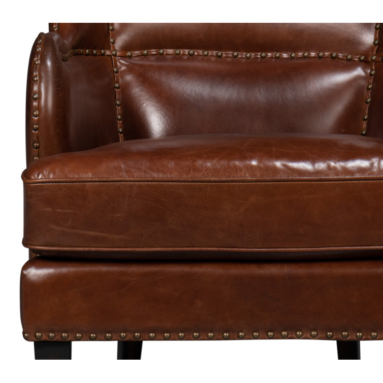 Brown Leather Wingback Chair with Solid Wood Frame