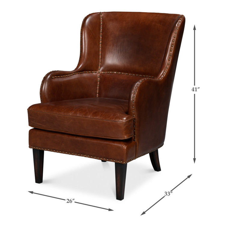 Brown Leather Wingback Chair with Solid Wood Frame