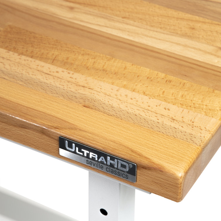 White Adjustable Height Heavy-Duty Wood Top Workbench