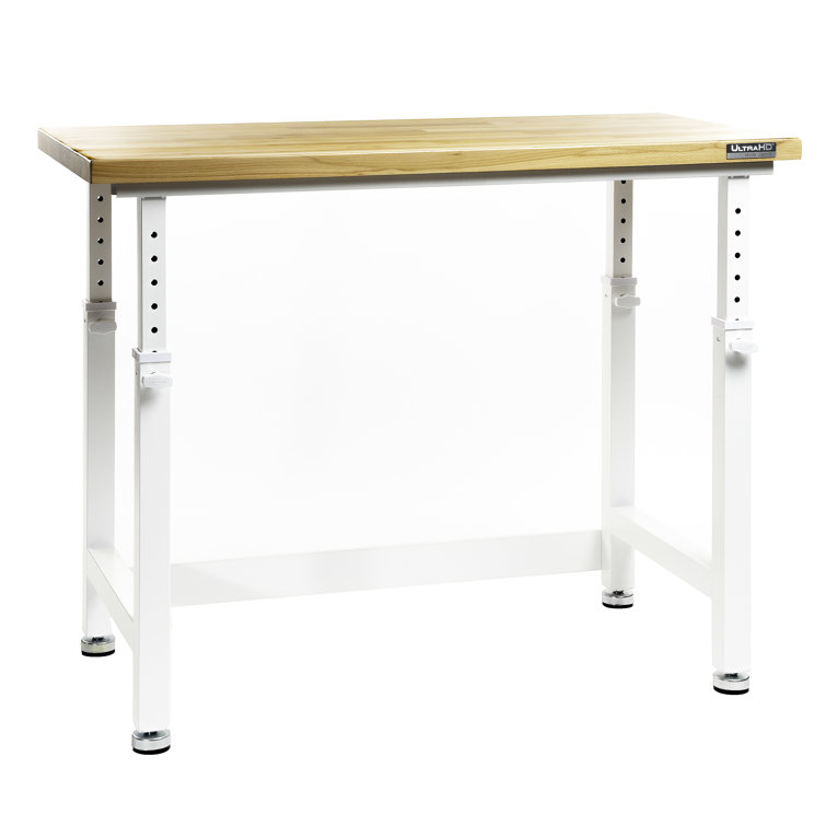 White Adjustable Height Heavy-Duty Wood Top Workbench