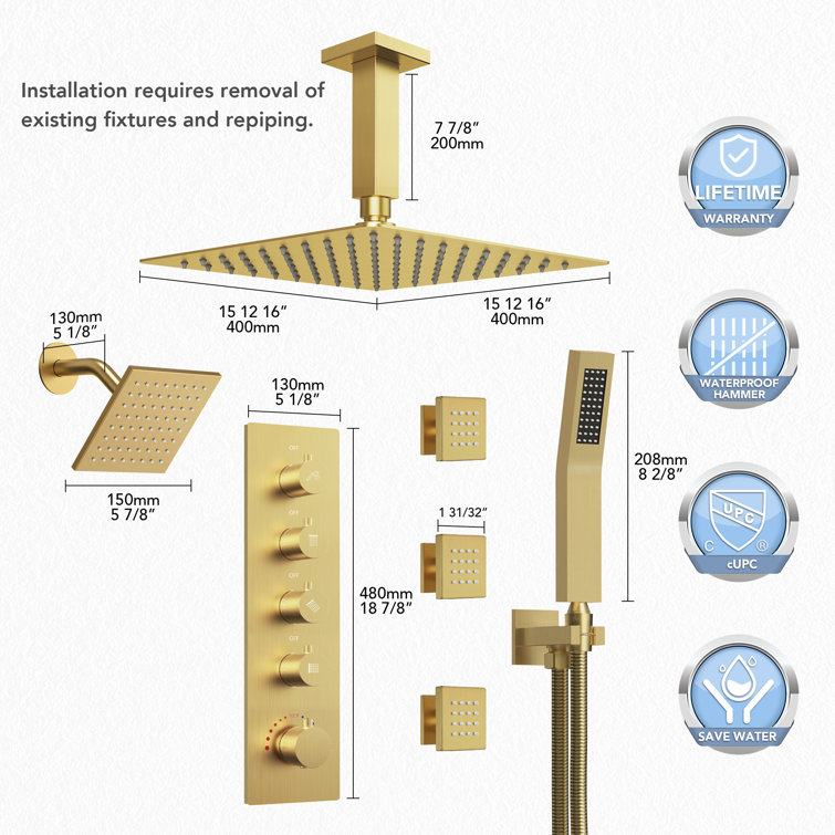 16" Brushed Gold Multi-Head Rainfall Shower System with Handheld