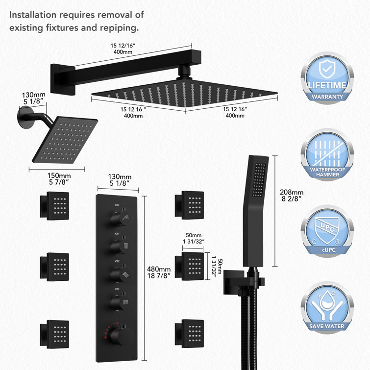 Matte Black Dual Shower Head System with Thermostatic Valve and Body Jets