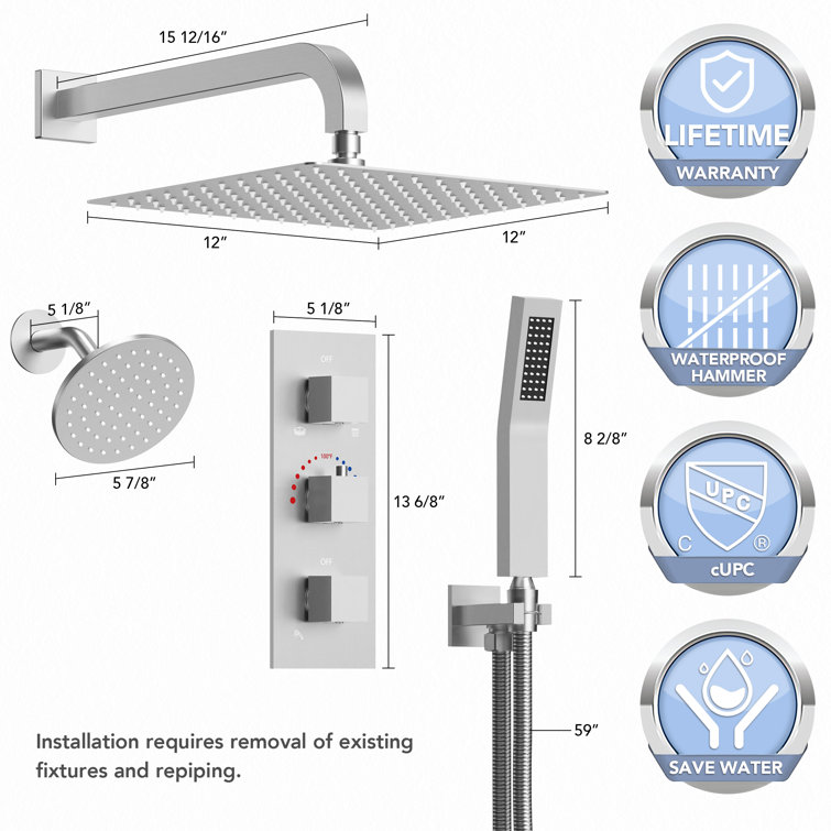 Brushed Nickel Dual Shower System with Handheld Spray and Thermostatic Valve