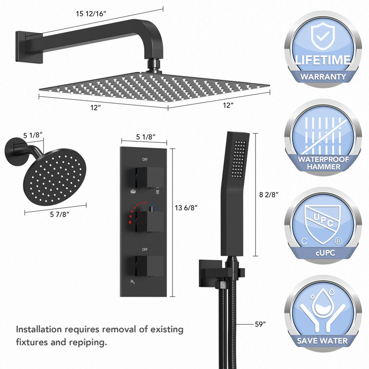 Matte Black 12" Dual Shower Head System with Handheld Spray