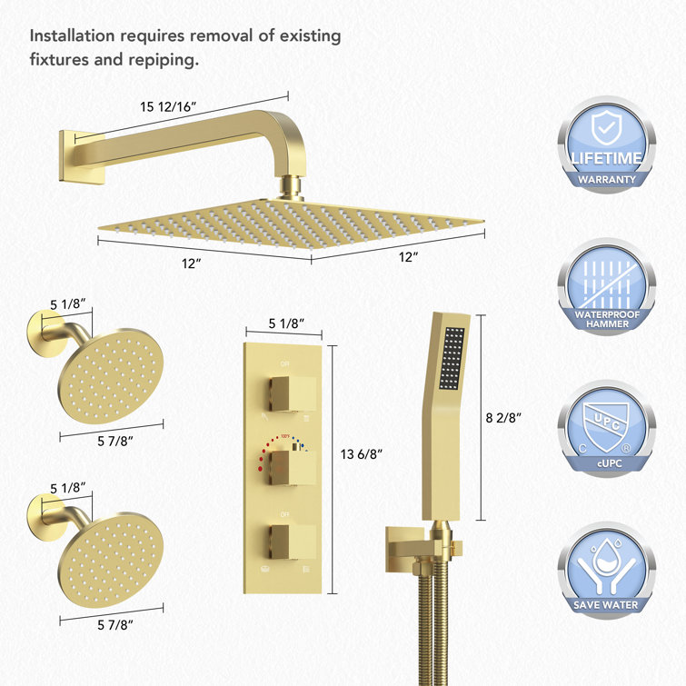 Gold Thermostatic 12" Triple Showerhead System with Handheld