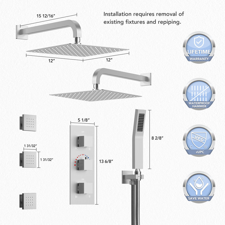 Brushed Nickel Dual 12" Rainfall Shower System with Handheld and Jets