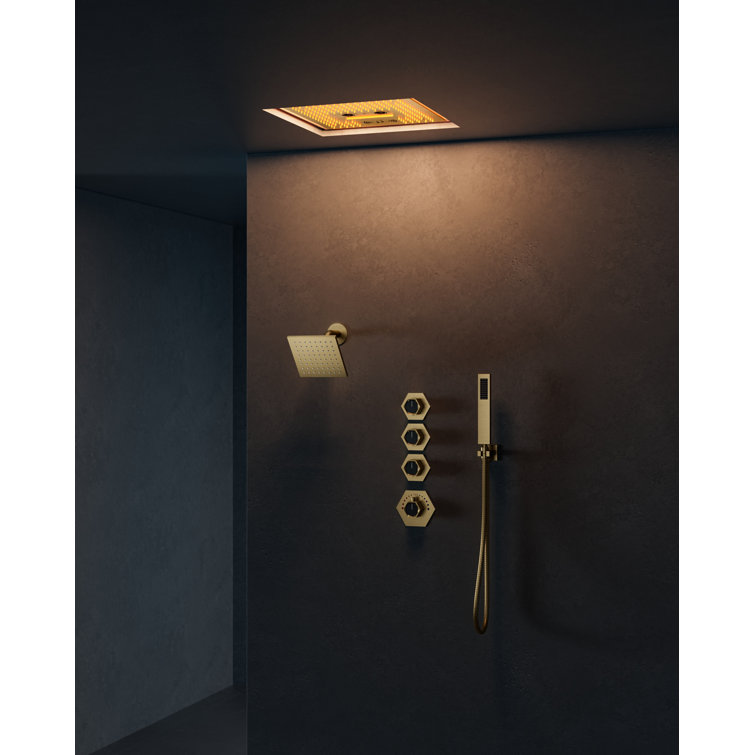 Brushed Gold Stainless Steel Multi-Head Shower System with Bluetooth Speaker