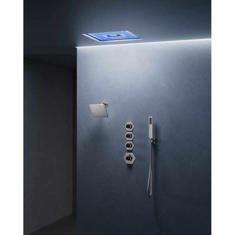 Brushed Nickel LED Thermostatic Dual Showerheads with Bluetooth Speaker