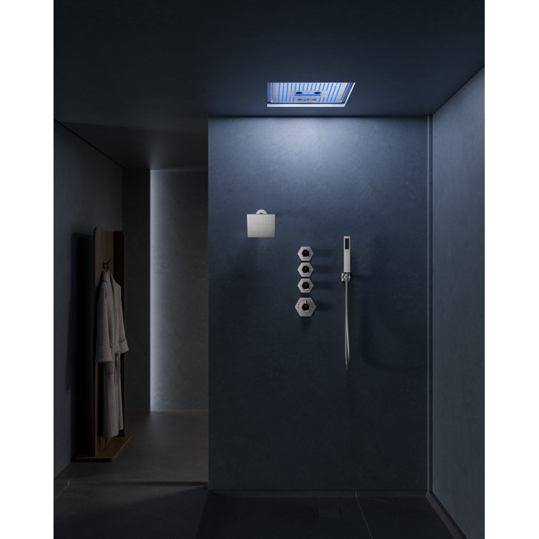 Brushed Nickel LED Thermostatic Dual Showerheads with Bluetooth Speaker