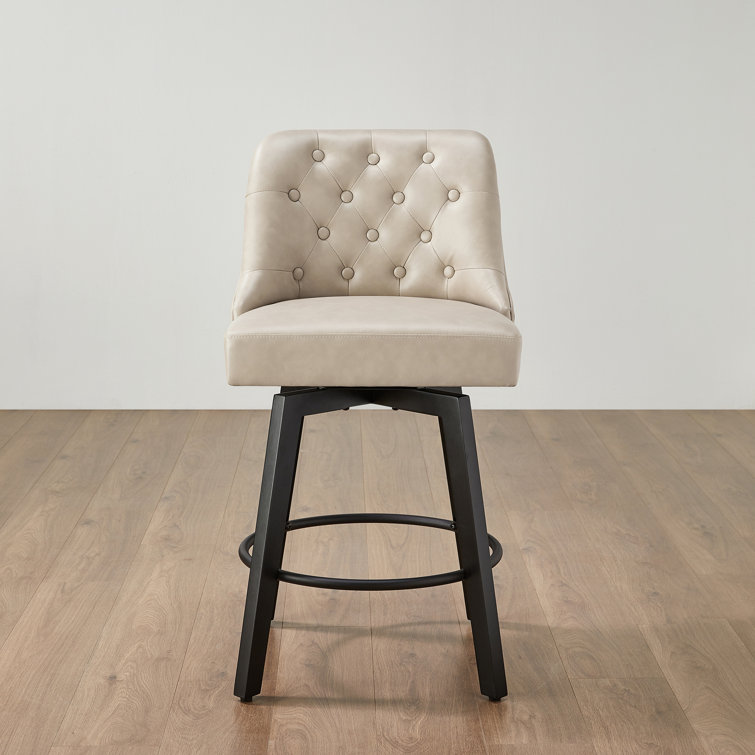 Beige Faux Leather Swivel Counter Stools with Tufted Back, Set of 2