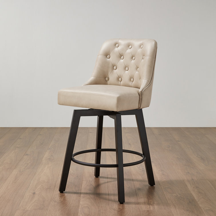Beige Faux Leather Swivel Counter Stools with Tufted Back, Set of 2