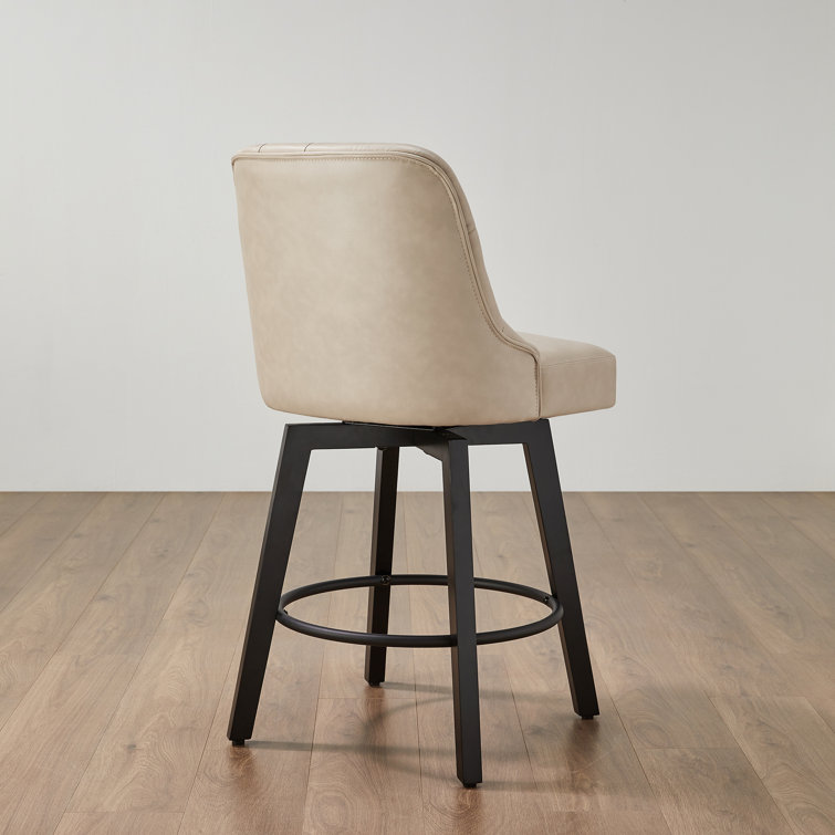 Beige Faux Leather Swivel Counter Stools with Tufted Back, Set of 2