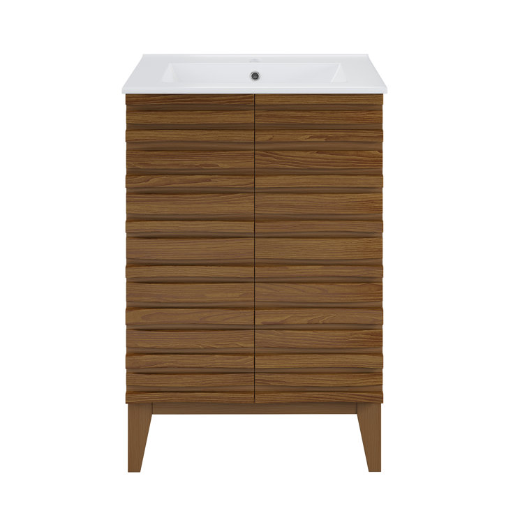 Cascade 24" Brown Oak Freestanding Bathroom Vanity with White Ceramic Top